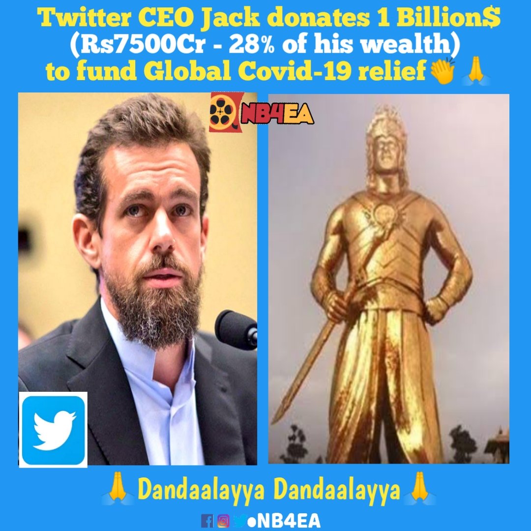 Nb4Ea's tweet photo. #TwitterFounder #JackDorsey donates 1 Billion $ to fund Global #Corona relief👏🙏
#Bahubali #Dandaalayya #Twitter #Prabhas #nb4ea
👍follow @Nb4Ea https://t.co/bCYgA3hoQs
