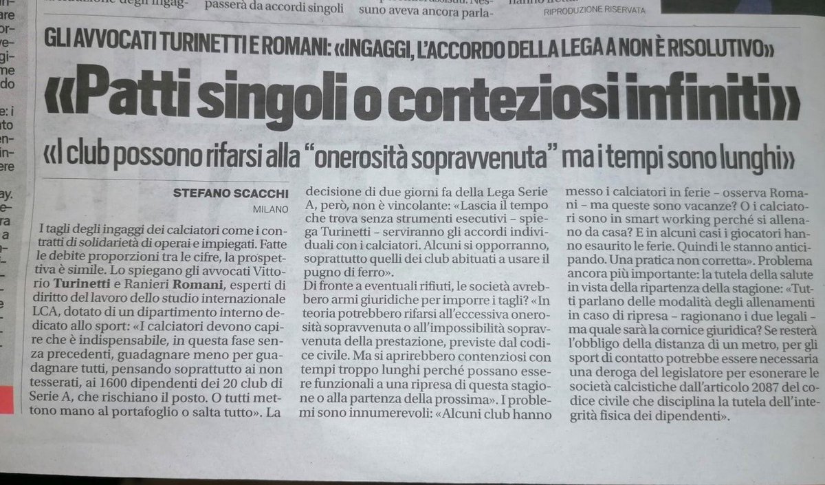 Se calciatori e club non trovano accordo su ingaggi, rischio contenziosi infiniti. Ne parlo su <a href="/tuttosport/">Tuttosport</a> di oggi insieme a Vittorio Turinetti di Priero
#SerieA #calcio #COVID19