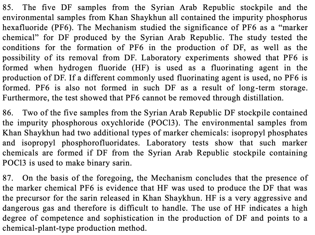 This is significant, as the OPCW-UN JIM stated key indicator chemicals in the Sarin used in Khan Sheikhoun indicated it was produced as part of the Syrian government's Sarin production process. Those same markers may be part of the OPCW IIT report published today.
