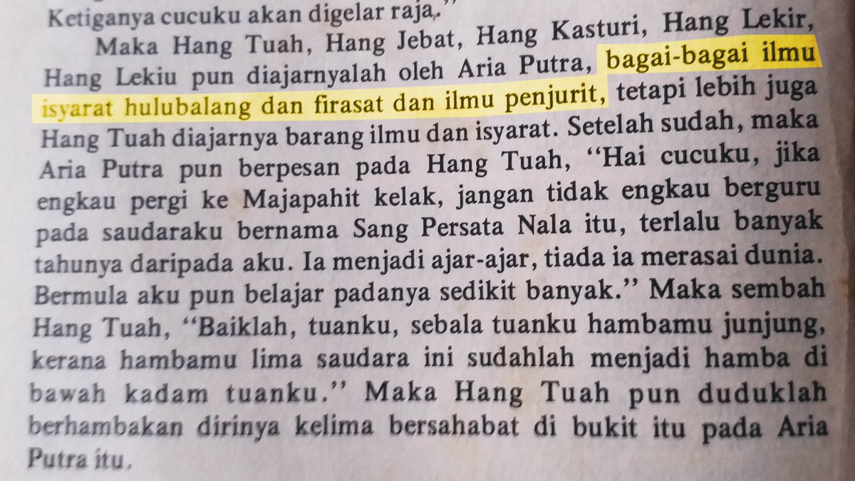 In the writings from old Malay manuscripts, the original words that allude to Malay martial arts is known in a few phrases:1. Ilmu Hulubalang (arts of a warrior)2. Ilmu Penjurit (arts of a warrior)3. Ilmu bermain senjata (weaponry arts)REF: Hikayat Hang Tuah, DBP: 28(3)