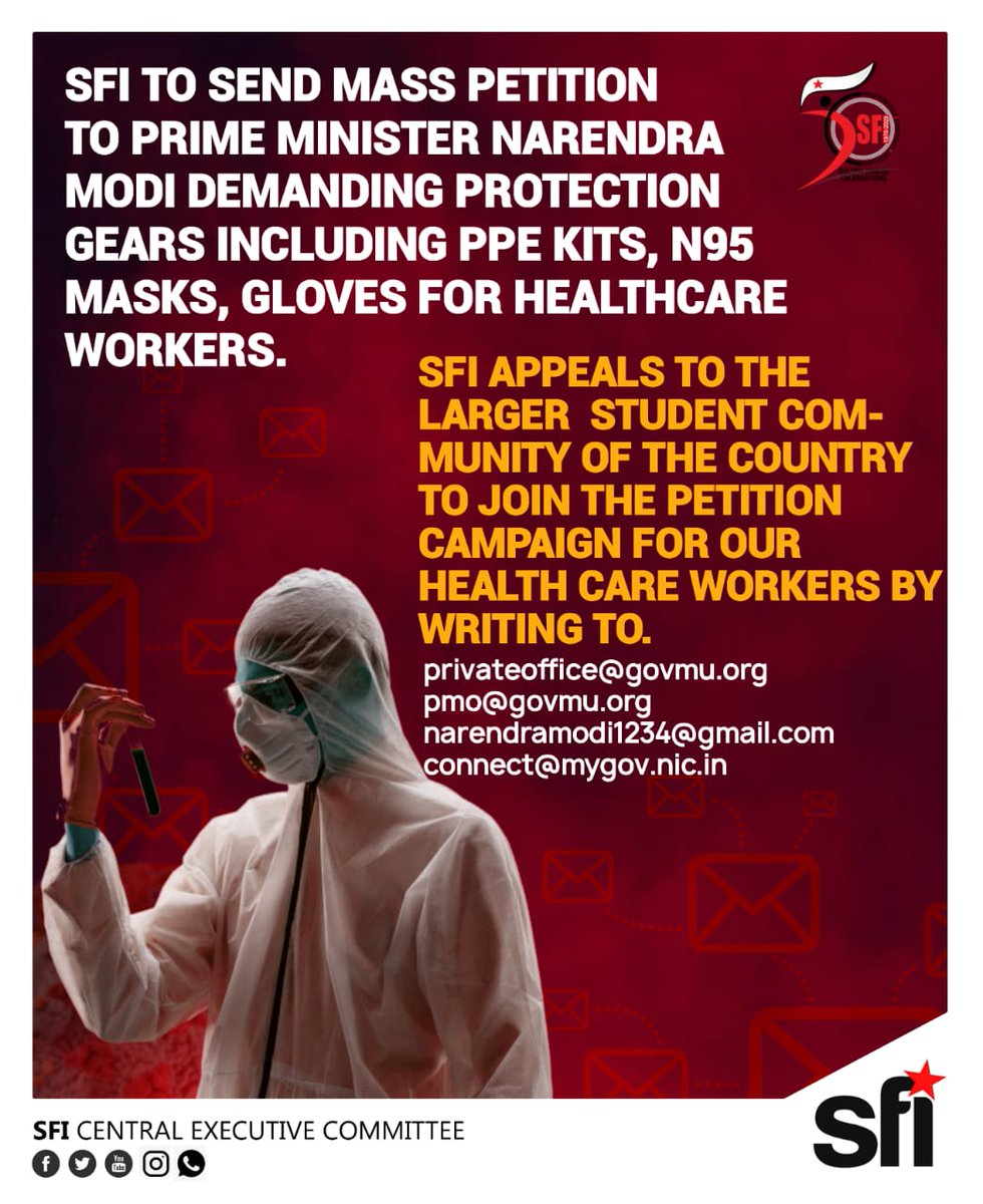 SFI_CEC's tweet image. SFI will send 10 lakh Mass petition to the Prime Minister demanding protection gears including ppe kits, N95 masks,gloves for healthcare workers.
#DocsNeedGear
