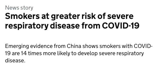 2/ It draws on a single study from China of 78 subjects who were *already* very sick with COVID-19-induced pneumonia.  https://journals.lww.com/cmj/Abstract/publishahead/Analysis_of_factors_associated_with_disease.99363.aspxOf the 78, 11 deteriorated. Of the 78, 5 were smokers, 3 deteriorated and 2 improved. This is the basis for the 14x headline risk claim.