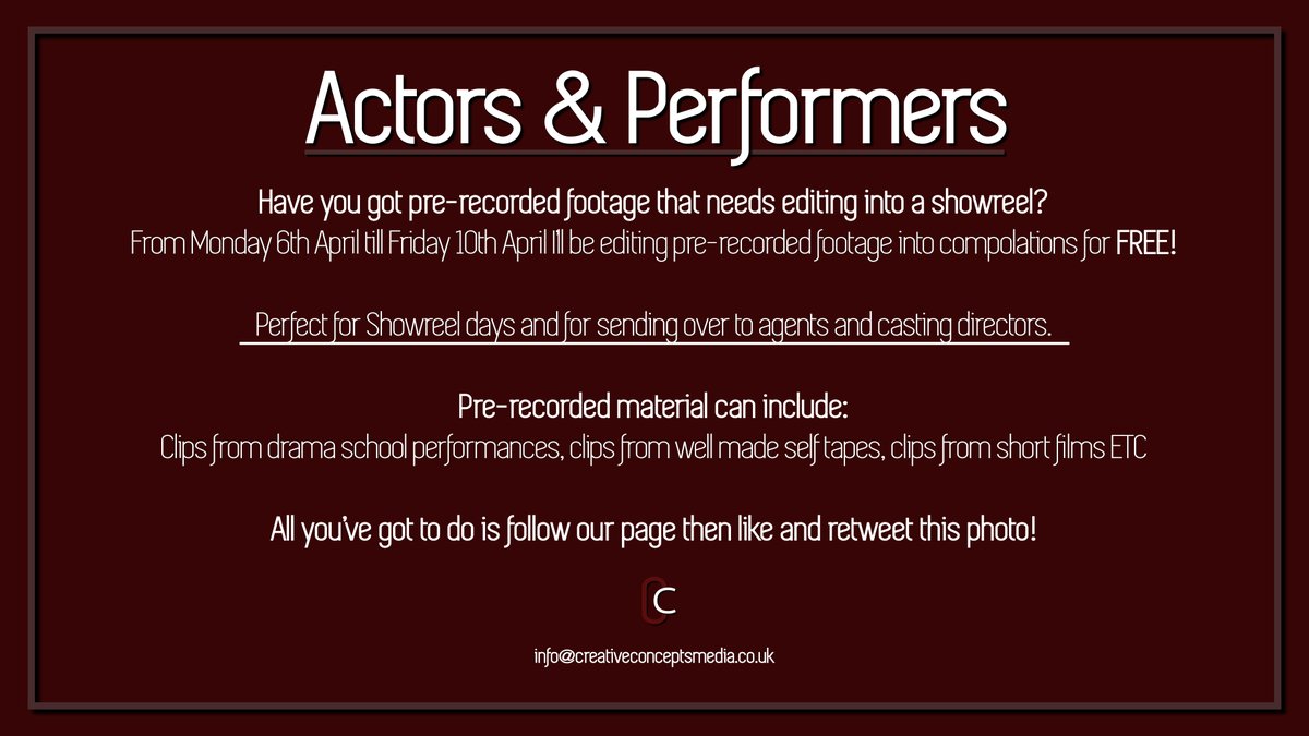 CC_MediaProd's tweet photo. #Actors &amp; #Performers you've got  three more days to like our page, like and retweet this tweet and get your pre-recorded footage edited for FREE! 
#ShowReels #ShareYourShowreel #FreeEditing #Acting #Performing #Covid19Help #CoronaVirus #Freelane https://t.co/3lYkYdsG7E