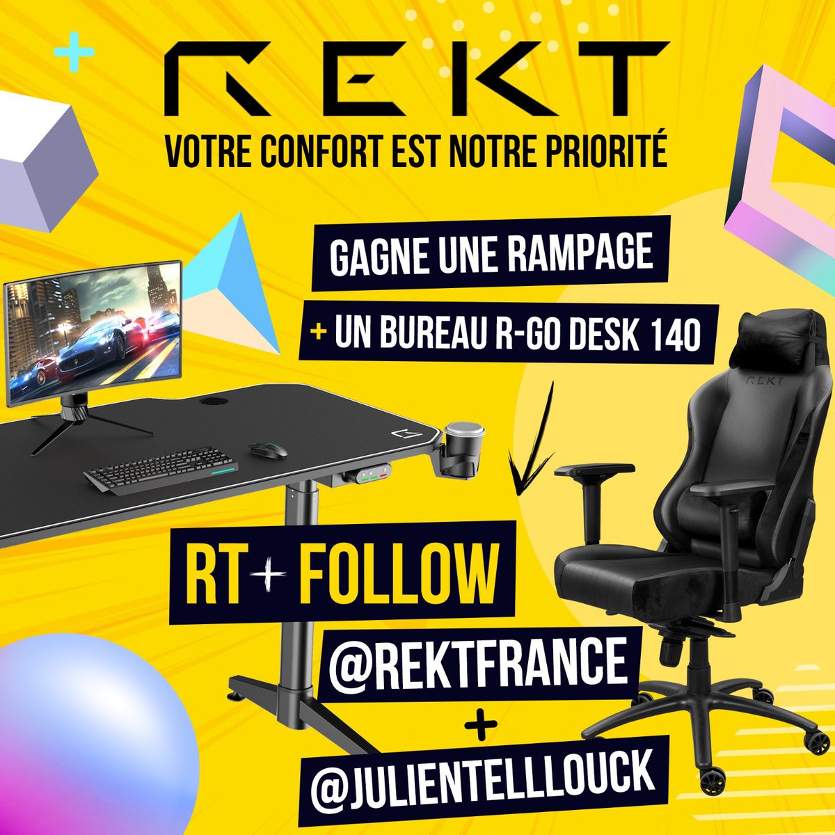 JulienTellouck's tweet photo. Les amis,

💥 Je suis fier d’annoncer l’arrivée d’une gamme de 4 bureaux Gaming REKT ! 🔥
https://t.co/cG9cJWl2yE

Pour fêter ça 🎉 CONCOURS 🎁

➡ Gagne un siège (349€) + une Rgo desk (499€)
RT ce tweet + follow @REKTFrance &amp; @JulienTellouck + Tag un ami

TAS le 22/04 😘 https://t.co/EFv6mjJ5Ok