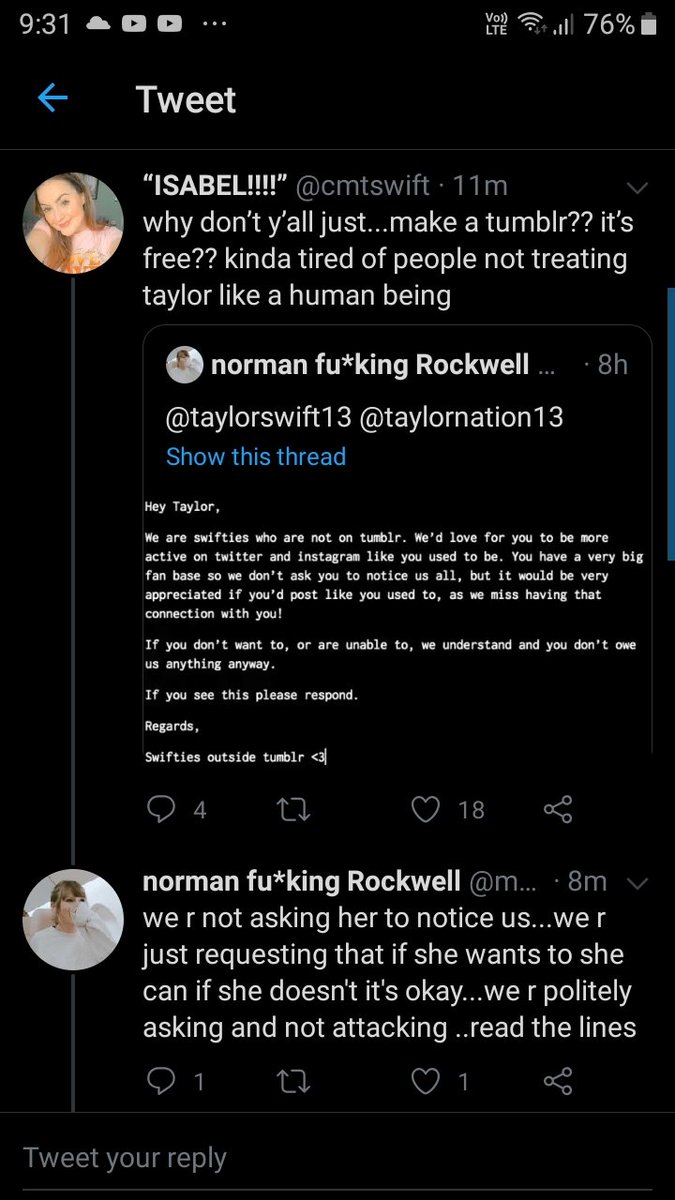 Everything was going well, then U.S swifties woke up...came online , saw this and tried to be edgy. She follows white American swifties on tumblr, never have concerts here, we don't get anything just posts or ig live. Asked her politely to be active on instagram and then BOOM.