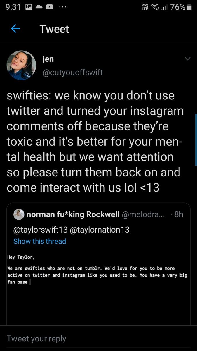 Everything was going well, then U.S swifties woke up...came online , saw this and tried to be edgy. She follows white American swifties on tumblr, never have concerts here, we don't get anything just posts or ig live. Asked her politely to be active on instagram and then BOOM.