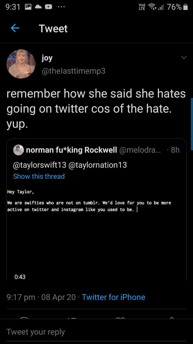 Everything was going well, then U.S swifties woke up...came online , saw this and tried to be edgy. She follows white American swifties on tumblr, never have concerts here, we don't get anything just posts or ig live. Asked her politely to be active on instagram and then BOOM.