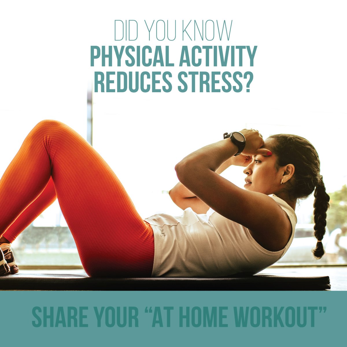 FEELING STRESSED? Physical activity can help reduce stress and keep your body healthy and active while staying home. If you have an at-home workout you love, share it in the comments below!