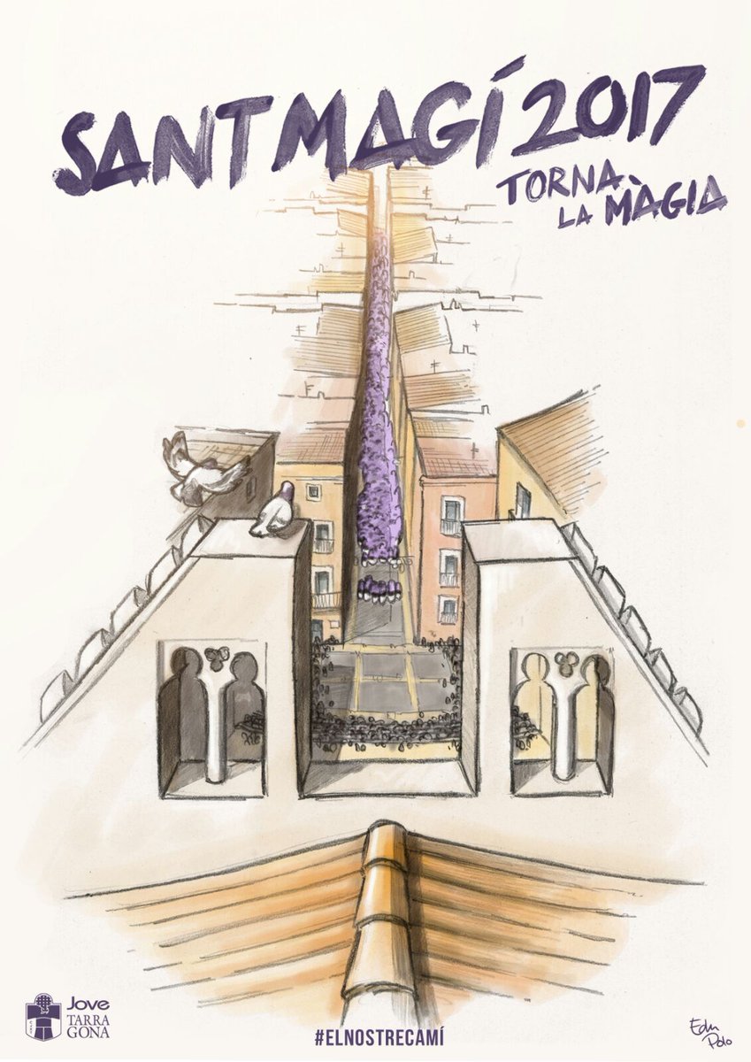 JoveDeTarragona's tweet photo. El Sant Magí del 2016 va portar una doble ració de cartells. Un, dins la campanya del #SentimJunts. L'altre, fusionant la façana de la Catedral amb el nostre escut i un 5de9f a les Cols.

La marea lila al Carrer Major va ser la protagonista d'un 2017 que no es va poder celebrar. https://t.co/Q6I5u5ooak