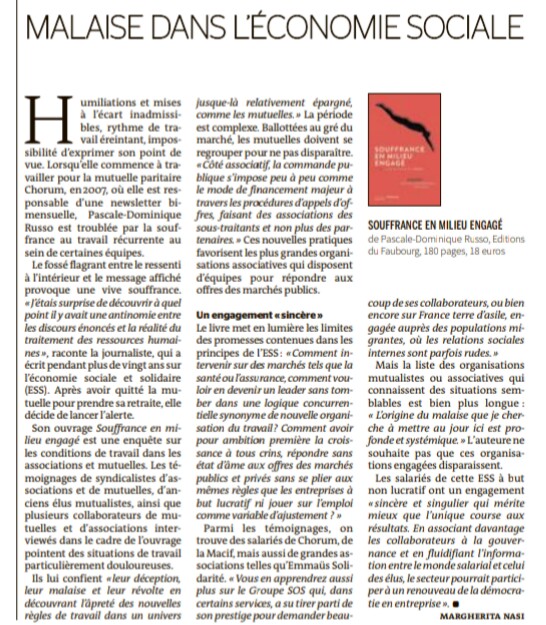 JPhilippebrun's tweet photo. [#Ess - Lecture] @lemonde (09/04), @MargheritaNasi : Malaise dans l'économie sociale - Une lecture du 📙 de PD.#Russo chez @FaubourgE "Souffrance en milieu engagé" cc @Matthieu_HELY @ESS_France @mutualite_fr > https://t.co/lN3zCVV824