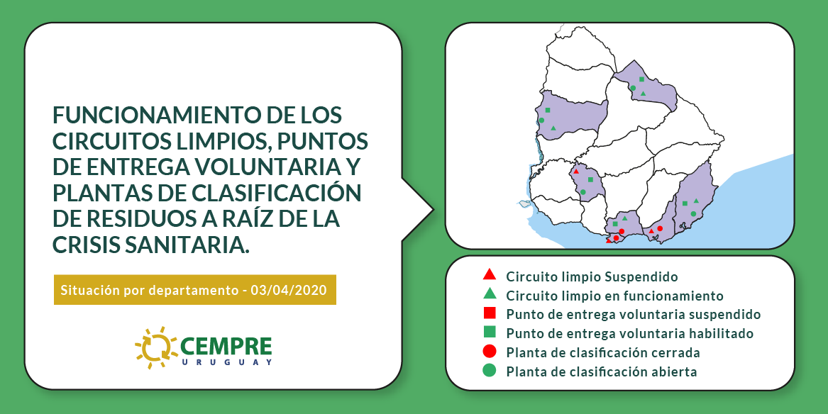 A causa de la situación sanitaria, hay cambios en los servicios de recolección de reciclables.

Cada semana, publicaremos información sobre todos los circuitos limpios del país, puntos de entrega voluntaria y plantas de clasificación. 

👇Situación por departamento al 3/4/20👇
