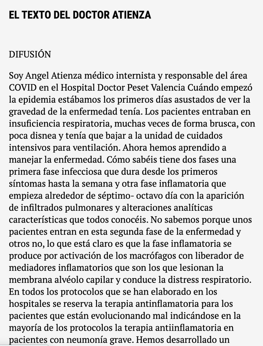 If you've seen a thread going around attributed to a Spanish doctor named Angel Atienza in Valencia about steroid treatments they're trying at the onset of pneumonia, it turns out that he is real and the hospital he works at confirms his message according to a Spanish newspaper.