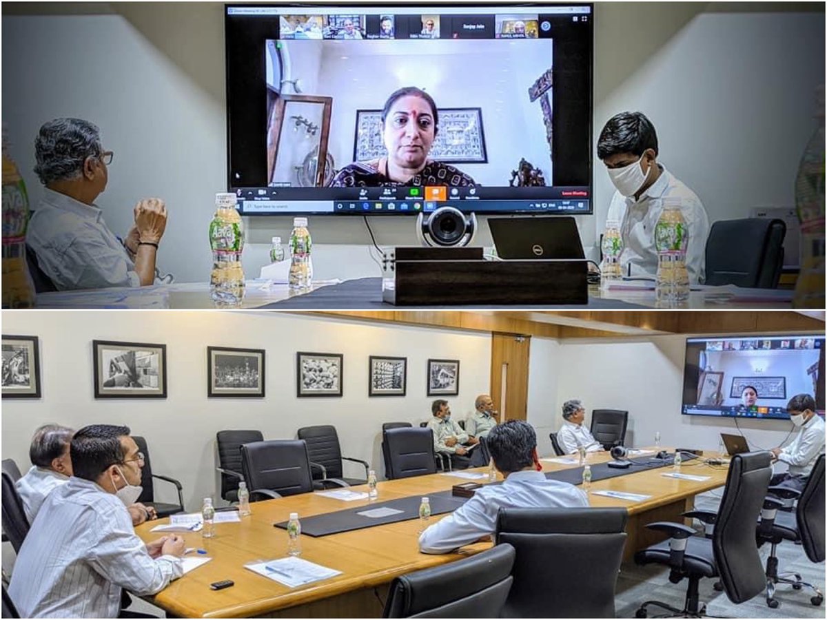 smritiirani's tweet photo. Chaired a VC meeting with 15 major Textiles Industry Associations representing various textiles segments &amp; clusters across India. Discussed about challenges faced by the sector due to COVID-19 &amp; strategy for normalising production &amp; achieving growth in changed global scenario. https://t.co/5Y1lLYsfCh