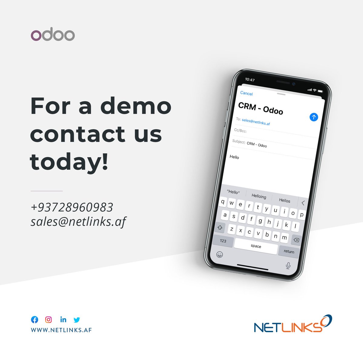 netlinksaf's tweet image. With Odoo’s CRM, you can track leads, follow-up on opportunities and get accurate sales forecasts… from anywhere.

For a demo, contact us today:
+93728960983
sales@netlinks.af

#business #odoo #netlinks #crm #customer #management