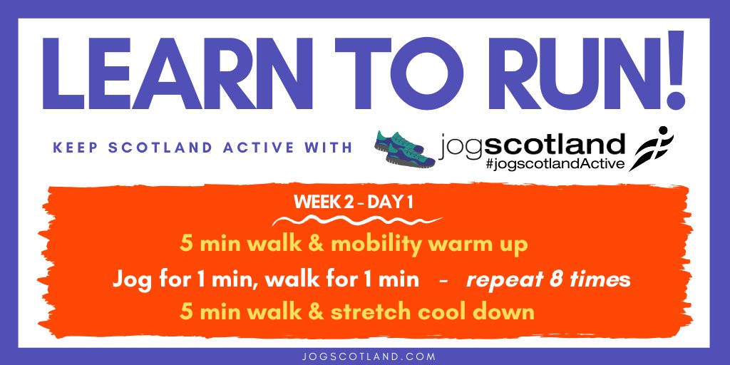 jogscotland's tweet photo. LEARN TO RUN - WEEK TWO, DAY ONE – This week we move up to 1 min jogs, but you can do it! For more info, including warm up/cool down videos: https://t.co/8p9ZbyyO7F Let us know how you go with #jogscotlandActive! Please stick with Govt social distancing guidelines. https://t.co/wLDvoOLJhX