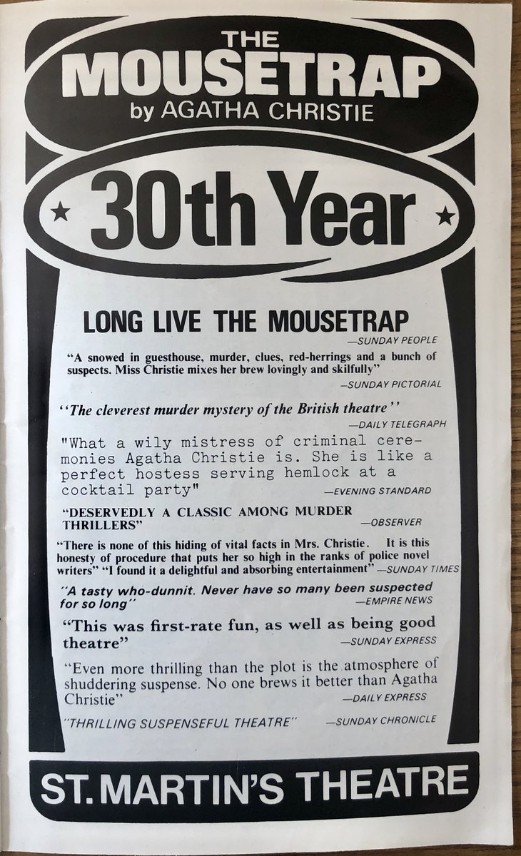 What else was on in the  #WestEnd in 1982?Agatha Christie's  @MousetrapLondon was in its 30th year (68th now) &, despite critical panning, farce No Sex Please, We're British was in its 11th, having transferred to its 2nd of 3 homes (Strand, Garrick, Duchess). #DudleysProgrammes