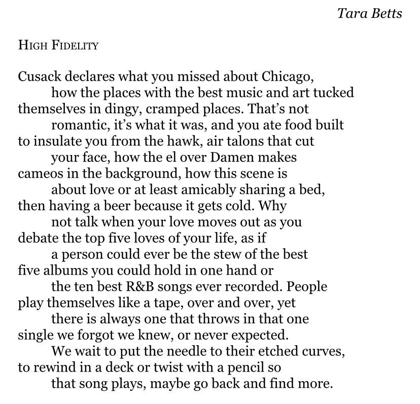 8/30: “High Fidelity” by  @tarabetts “curves, to rewind in a deck or twist with a pencil so that song plays, maybe go back and find more.”