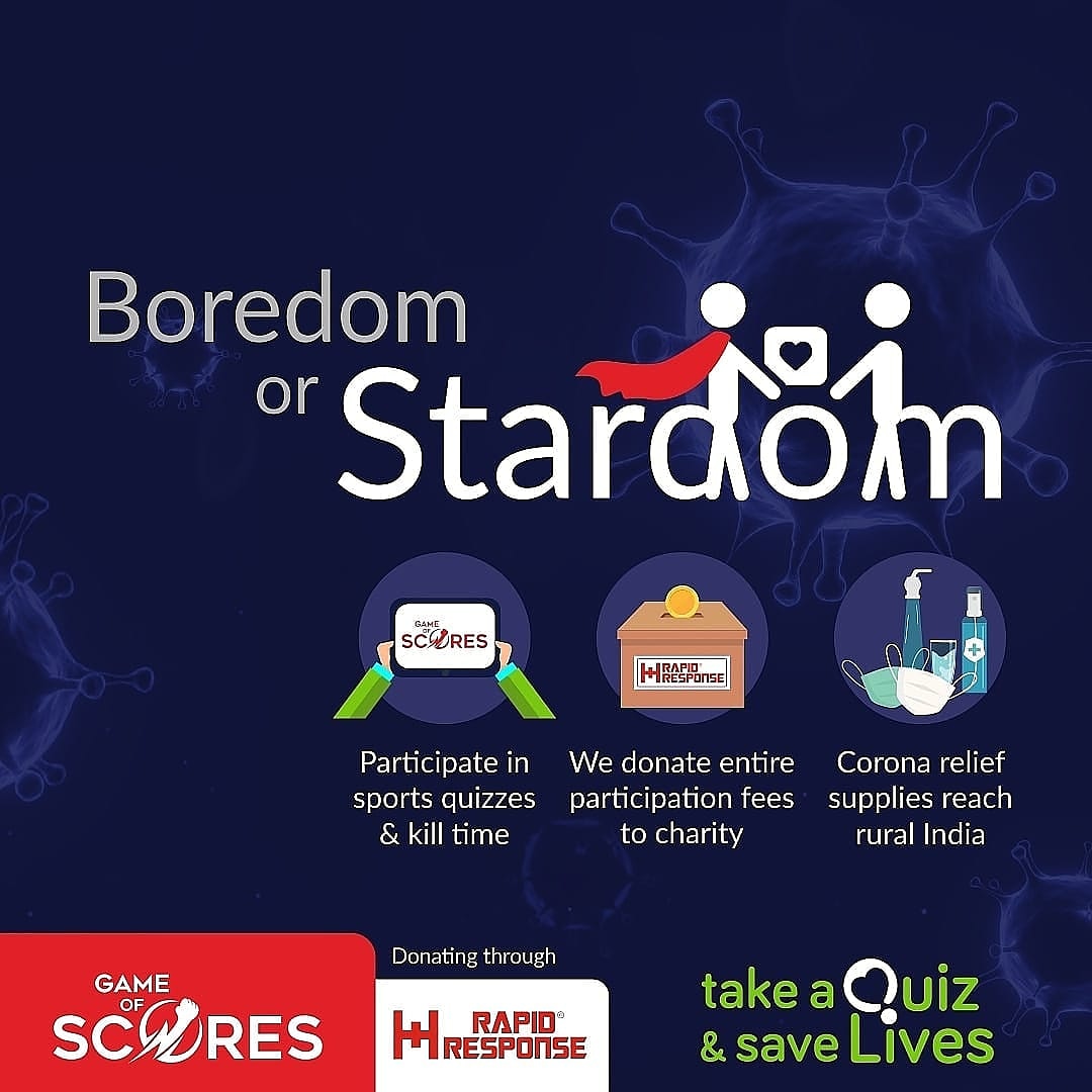 SportWizzleague's tweet photo. Don't let boredom get to you.#GameofScores gives you a chance to be a star, by playing your favorite #CricketQuiz Pay Rs25, take the quiz &amp; help people affected by #COVIDー19.Play Now : https://t.co/dQOssSVxIB#fundraising #CoronaUpdate #CoronaLockdown #CricketFans https://t.co/vtXhGR5O7F