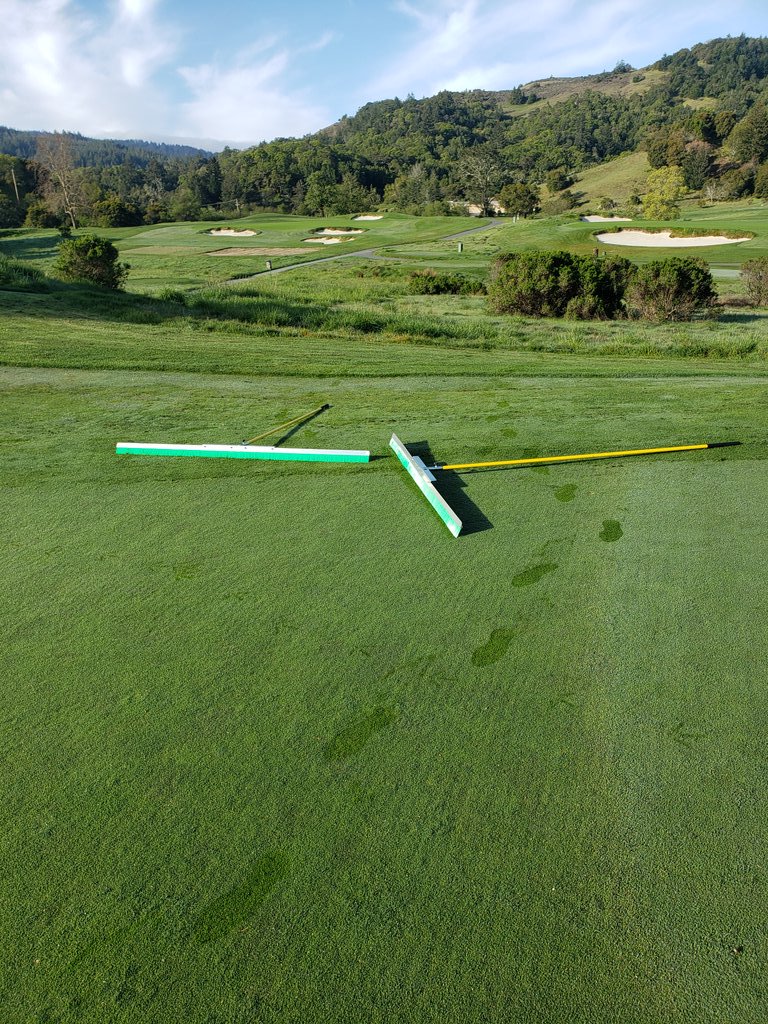 KevinHauschel's tweet photo. @tullfescue and myself getting an early morning course walk in removing dew and snow mold mycelium!! Great exercise and great social distancing!! After this we are onto a dry cut of fwys!! #2mancrew #meadowclub1927 https://t.co/hWE68ou7IQ