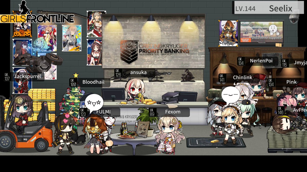 Merisa56's tweet image. #GirlsFrontline #GFLDormExhibit 
commander: Seelix 
uid: 877324
I call this the bar bank cafe, we take your money you get paid in head pats.