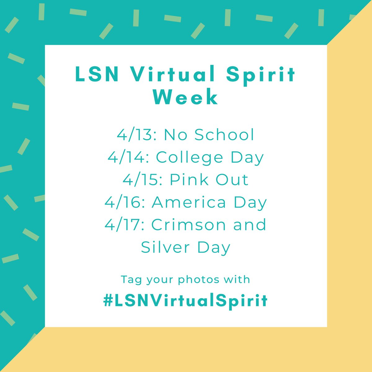 lsnstuco's tweet photo. Letโs celebrate Spring Sports Week next week with a โVirtual Spirit Weekโโdress up, take a selfie and post with hashtag #LSNVirtualSpirit https://t.co/dqPa4VAzd0