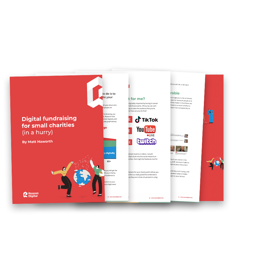 ReasonDigital's tweet photo. Tuesday's almost up & we've something nice for you. Cofounder @acrim worked his socks off to create a #DigitalFundraising handbook for #charities during the crisis. It's written for small charities thinking, where do I start? Get it free here --> https://t.co/aJXyyyLAfF #COVID19 https://t.co/lW2I7lkvMi