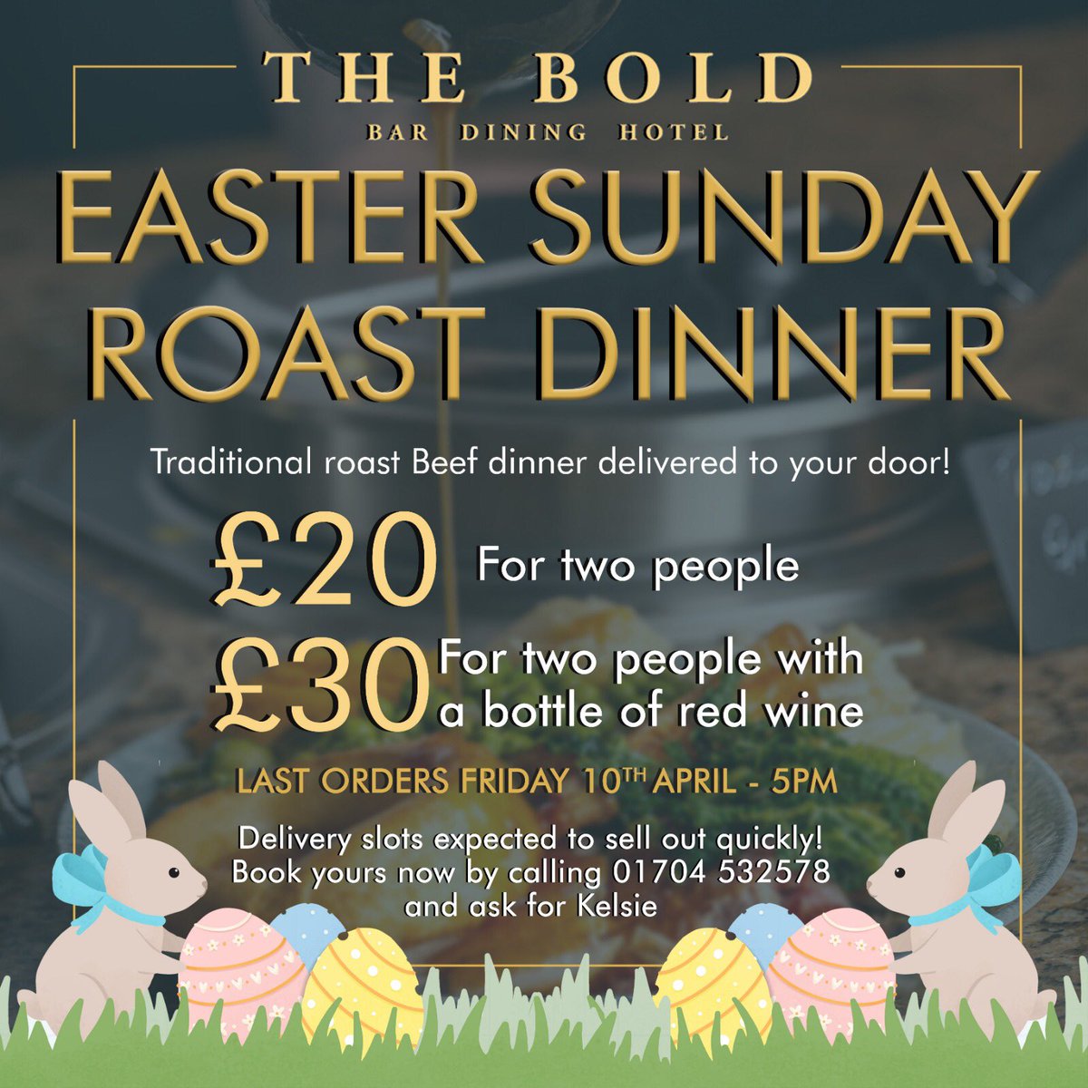 TheBoldHotel's tweet photo. Roast dinner delivery this Sunday.
#StayHomeStaySafe &amp; enjoy a delicious Easter Roast to your door.

£20 - includes Roast for 2 with duo of meat;Beef &amp; honey glazed ham &amp; all the trimmings.
£30 - as above + bottle of Red Wine.

Call 01704 532578 before Friday 5pm https://t.co/dDsmX2HSh9