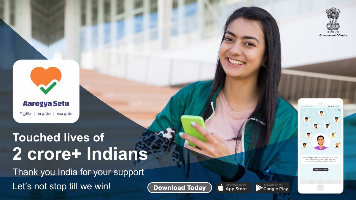 #AarogyaSetu now with more than 2 crore Indians. 

Our fight against COVID-19 continues.

#IndiaFightsCorona