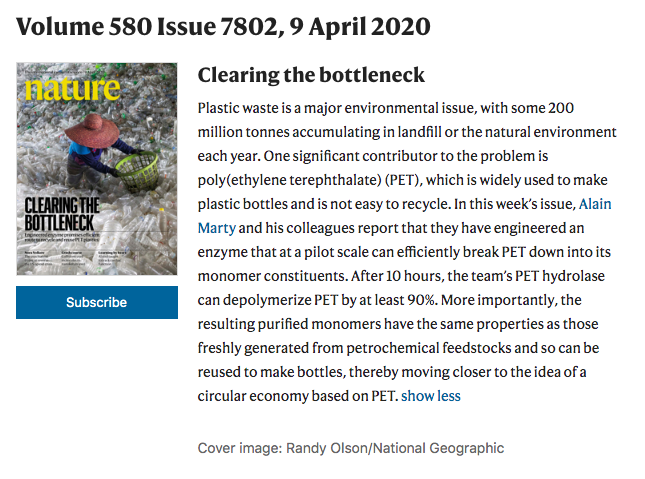 INRAE_TRANSFORM's tweet photo. @INRAE_TRANSFORM very proud of all teams working hard for this : #Nature frontpage and work done #PET #enzyme @depolymerization #pilotscale #innovativeprocess #fortheplanet https://t.co/GQ1WsDolT8
