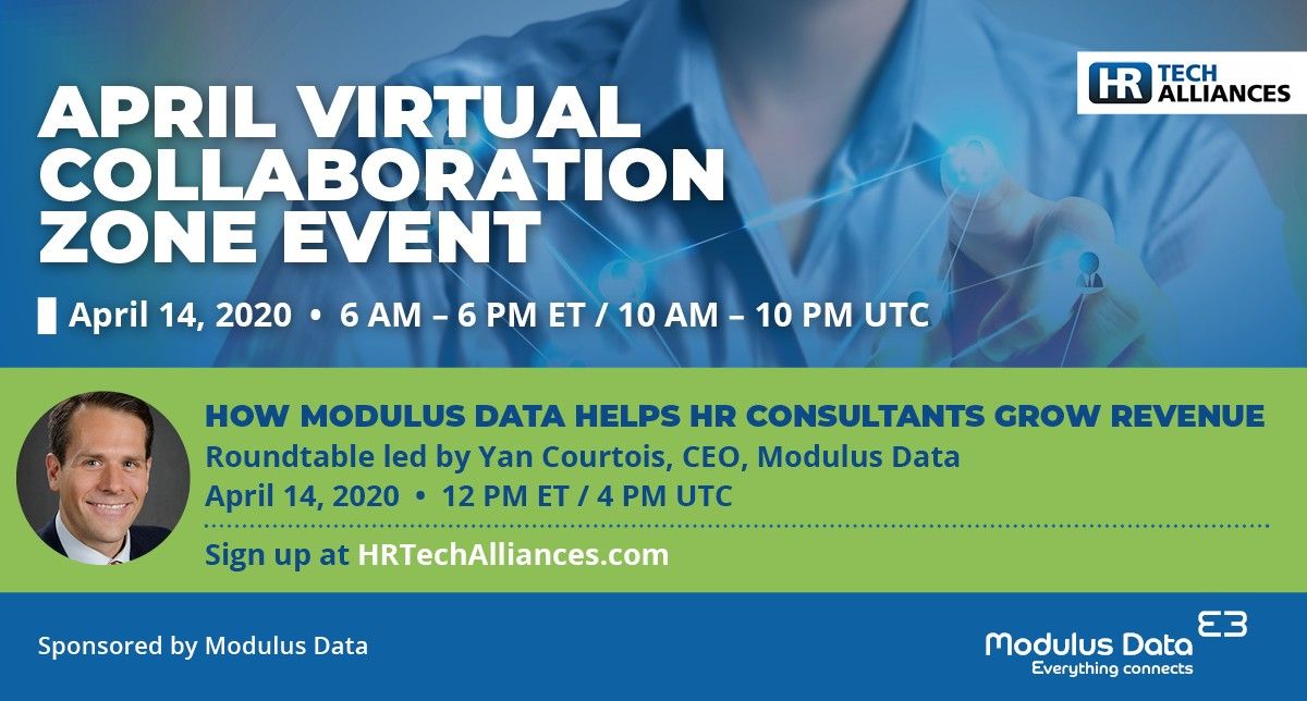 HRTechAlliances's tweet photo. How Modulus Data Helps Consultants Grow Revenue? Find out in the 2nd Virtual #Collaboration Zone round table discussion to be led by @ModulusData, CEO @CourtoisYan.  Get your tickets here: https://t.co/byRH6UzXcV 
#HRTech #HR #Consulting #Advisors https://t.co/FFi49oK1dP