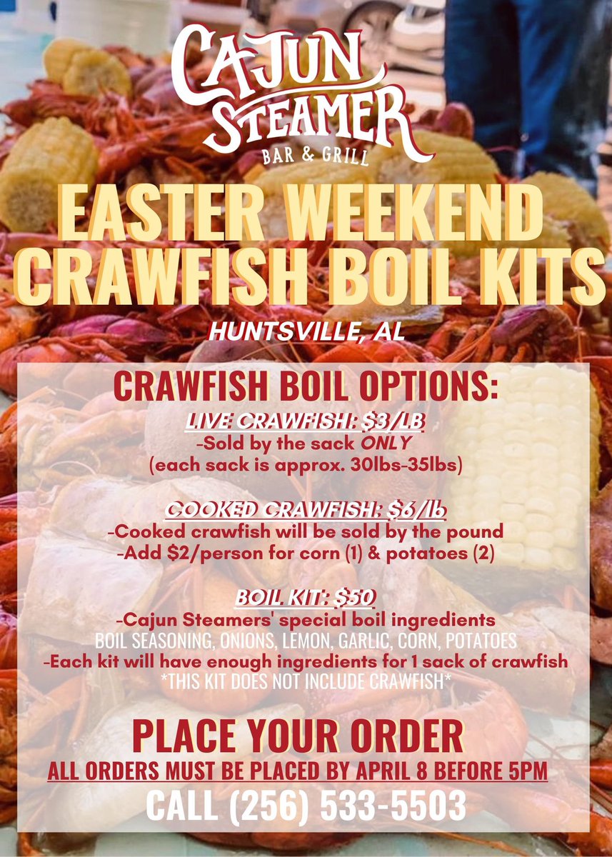 cajun_steamer's tweet photo. ONLY A FEW MORE HOURS FOLKS! Get your #CrawfishKit before it’s too late 🦞🦞🦞 #Hoover #Huntsville #Franklin https://t.co/8ASYeevznG