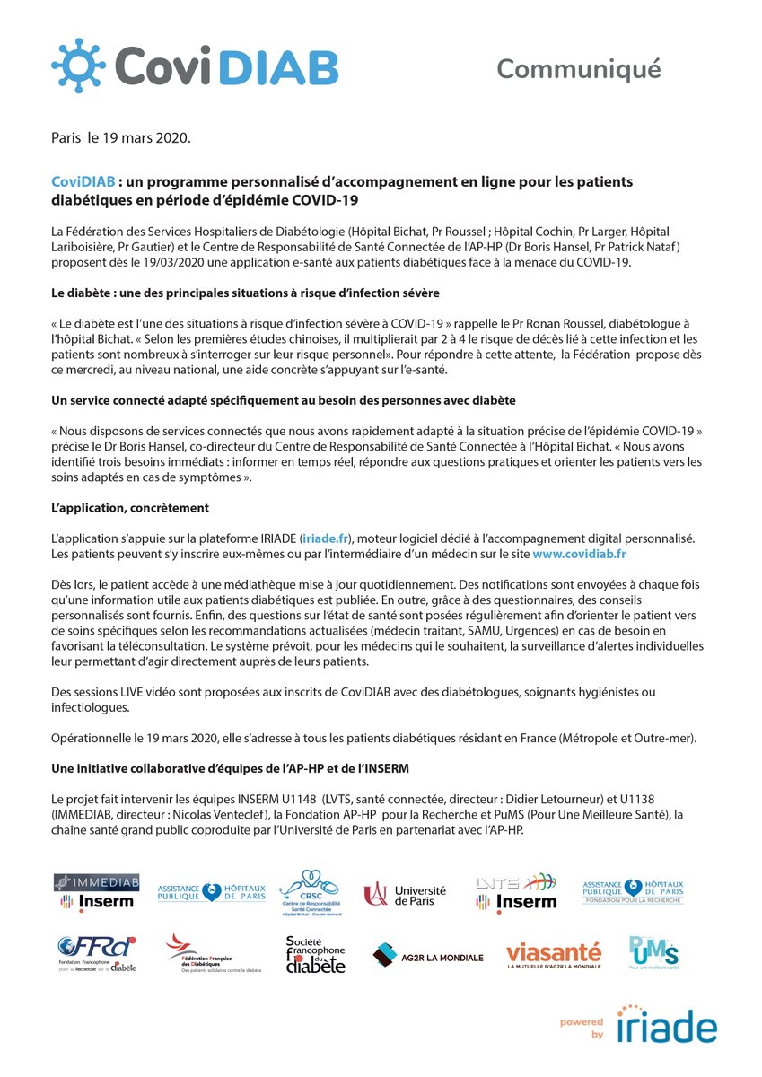 CoviDIAB : un programme personnalisé d'accompagnement en ligne pour les patients diabétiques en période d'épidémie COVID-19
Une initiative collaborative d'équipes de l'AP-HP et de l'INSERM
#COVID19 #coronavirus #COVID19fr