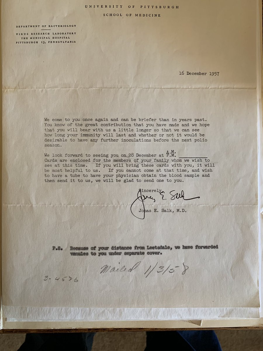 So this is incredible. My dad, as a child in Pittsburgh, was in the first field trial to receive the Polio vaccine - from Jonas Salk personally. Today he dug up these letters, requesting follow up blood draws to test for antibodies.I’ve never seen these before today