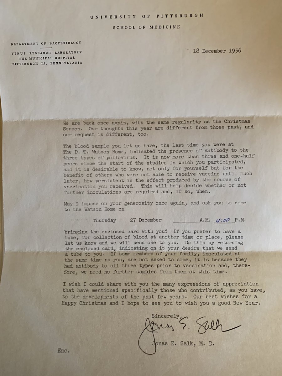 So this is incredible. My dad, as a child in Pittsburgh, was in the first field trial to receive the Polio vaccine - from Jonas Salk personally. Today he dug up these letters, requesting follow up blood draws to test for antibodies.I’ve never seen these before today