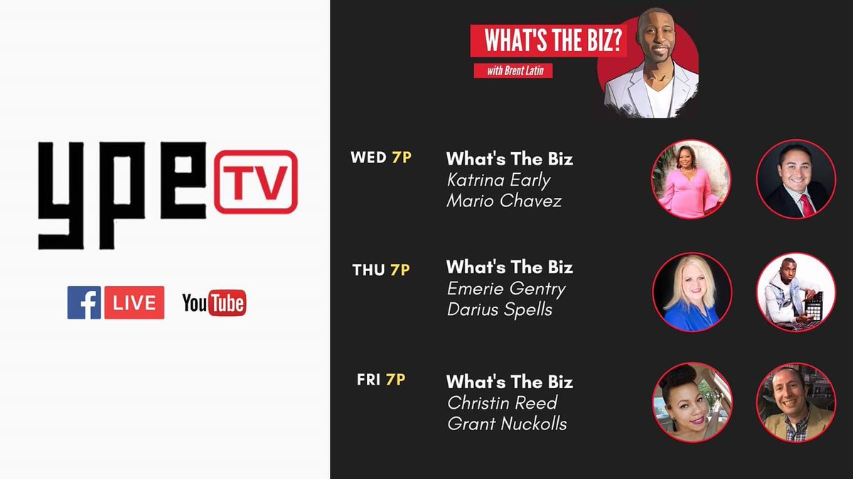 BrentLatin's tweet photo. We are excited about What's The Biz and the awesome professionals we will be interviewing this week! I promise you will be inspired and motivated in your business even during these tough times. Make sure to WATCH, COMMENT, and SHARE! #YPETV https://t.co/knsZJvupf7