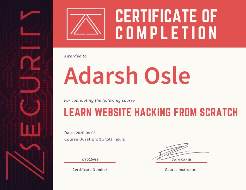AdarshOsle's tweet photo. Just completed the course and had good knowledge nice explaining..
#lockdown_goals
@_zSecurity_
#hacking
#Pentesting
#bug_hunting
#website_hacking
#BugBounty https://t.co/9ZrBAGp1Cr