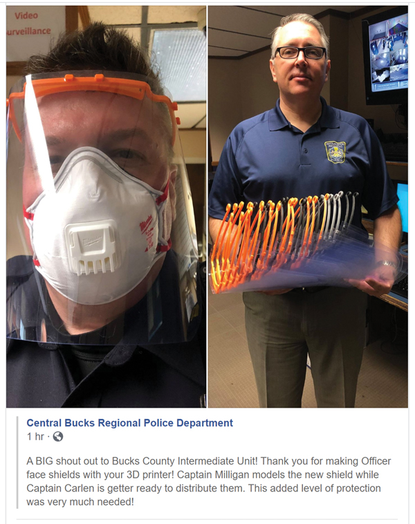 BucksIU22's tweet photo. We appreciate all that the Central Bucks Regional Police Department is doing on the front line of this COVID-19 battle and are glad we could help keep you safe! #BucksIUSTEAM https://t.co/CgkcDVAsqc