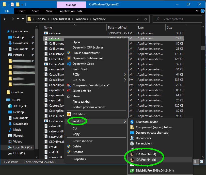 -Reversing Tip 8/30-
Want a faster way to open IDA on your exe? 1) open Explorer 2) enter “sendto” in the path bar 3) drag an IDA Pro shortcut to this folder 4) You can now right-click “send to IDA” on any file 5) ? 6) PROFIT!
#BinReversingTips