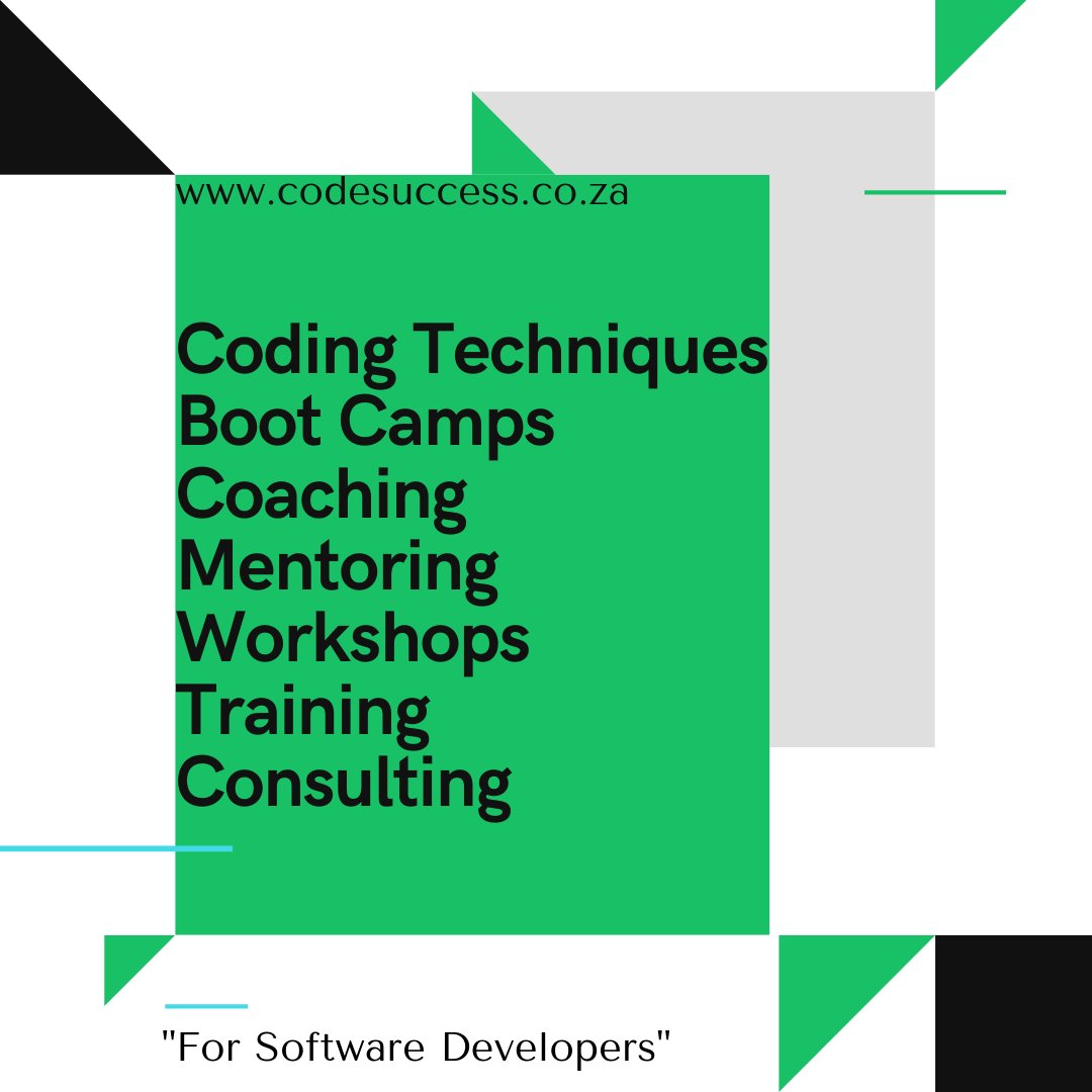 CodeSuccessSA's tweet image. Coding Techniques, Boot Camps, Coaching, Mentoring, Workshops, Training and Consulting.
We assist Individuals, Groups and Corporates!
codesuccess.co.za | dev@codesuccess.co.za
#elearning #trainingcourses #consulting #leadership #dev #coaching #workshop #bootcamps #mentoring