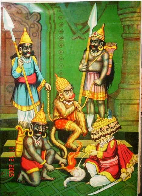 GujaratHistory's tweet photo. Around 110 years old painting of Ravan setting fire on the tail of Lord Hanuman.
#HanumanJayanti https://t.co/77TJeggAm1
