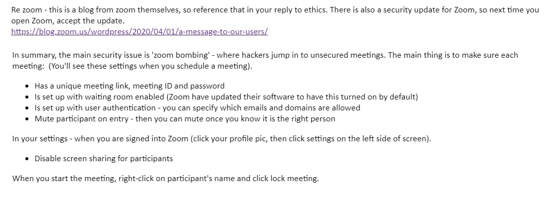 FionaQuigs's tweet photo. I've been helping with ethics applications re Zoom for research interviewing. I made a set of notes, hope it helps some of you too. Zoom update blog explaining the main security issues is here too:

https://t.co/ScTKvvaMTc

#PhD #AcademicTwitter #TherapistsConnect #ClientsConnect https://t.co/KuHztTGpCr