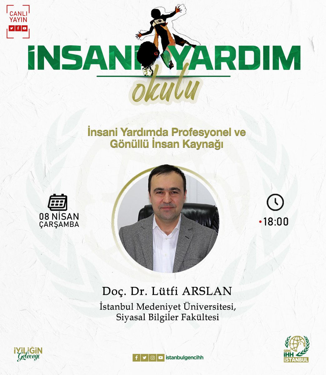 🎥 Canlı Yayın 

İnsani Yardım Okulu programımızın üçüncüsünde, Doç. Dr. Lütfi Arslan ile, "İnsani Yardımda Profesyonel ve Gönüllü İnsan Kaynağı" konusunu işleyeceğiz. 

Sizleri Çarşamba günü saat 18.00'da sosyal medya hesaplarımızdaki canlı yayınlarımıza bekliyoruz 👍