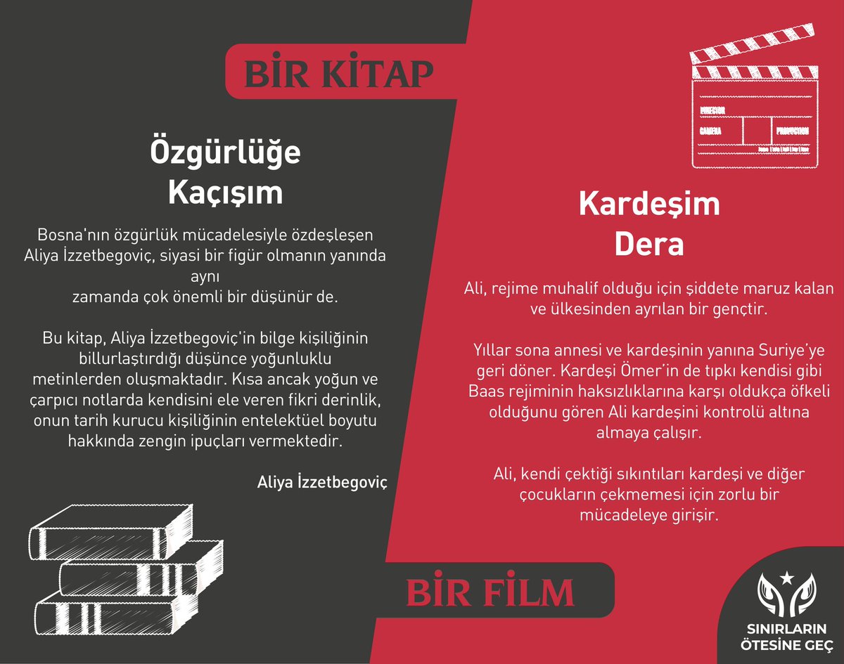 s_otesinegec's tweet photo. #EvdeKal 'anlara ve evde kalmayı düşünenlere 1 kitap 1 film önerimizle tekrar geldik 🏠

Bugünün kitap önerisi Aliya İzzetbegoviç'ten "Özgürlüğe Kaçışım" 📖
Film önerisi olarak ise "Kardeşim Dera" 🎥

Sizlere keyif dolu vakitler diliyoruz 👋🏻 https://t.co/igGTFQCz3R