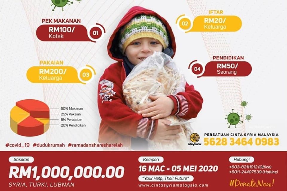 Sumbangan kepada Sekolah KITA 3, boleh disalurkan keakaun RHB BANK Sekolah KITA 3 : 21245760024860 (Persatuan Cinta Syria Malaysia)Sumbangan untuk Ramadan Mission CSM, boleh disalurkan ke akaun Maybank : 562834640983 (Persatuan Cinta Syria Malaysia)