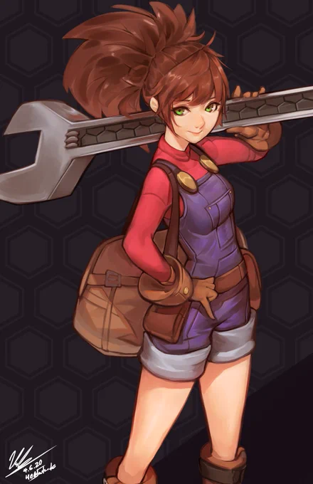 Some #fanart of Hazel from @OneStepFromEden ! I love playing her structure-based playstyle, even if some bosses give me a hard time setting up! I also keep being told by people the colours remind them of Mario |•ω•;) 