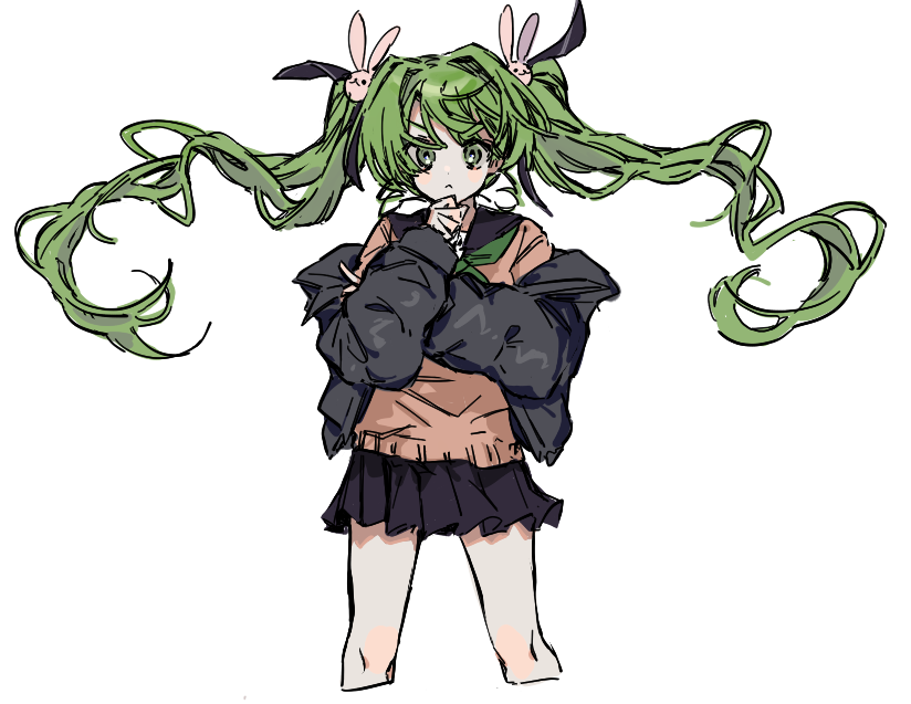 1girl solo rabbit hair ornament green hair skirt twintails long hair  illustration images