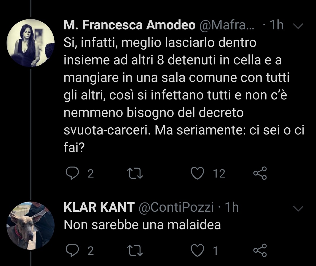 DottBob's tweet photo. @ContiPozzi @MafraLiga @matteosalvinimi Stai cambiando discorso, nessuno ha parlato di sconti di pena.
Tu hai detto che non sarebbe male lasciare tutti in carcere a infettarsi e cosi "sfoltire il numero". https://t.co/kvxljplTdH