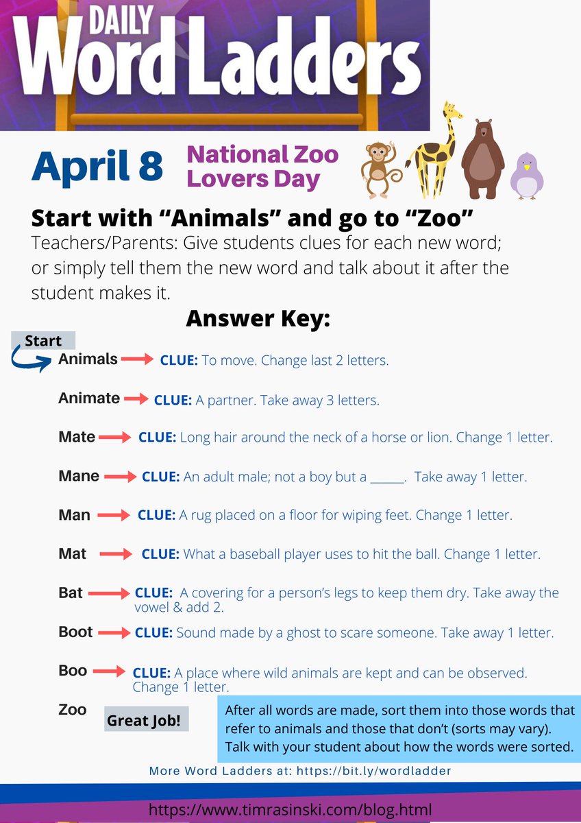 TimRasinski1's tweet photo. Today's Word Ladder Lesson
Apr 8 National Zoo Lovers Day! 

Be sure to do the word sort after completing the WL. 

Please retweet for other teachers &amp; parents to use with students.@teacher2teacher @OHeducation @OHEducationSupt @weareteachers @PBSteachers @educationweek https://t.co/JTyQdVIqZU