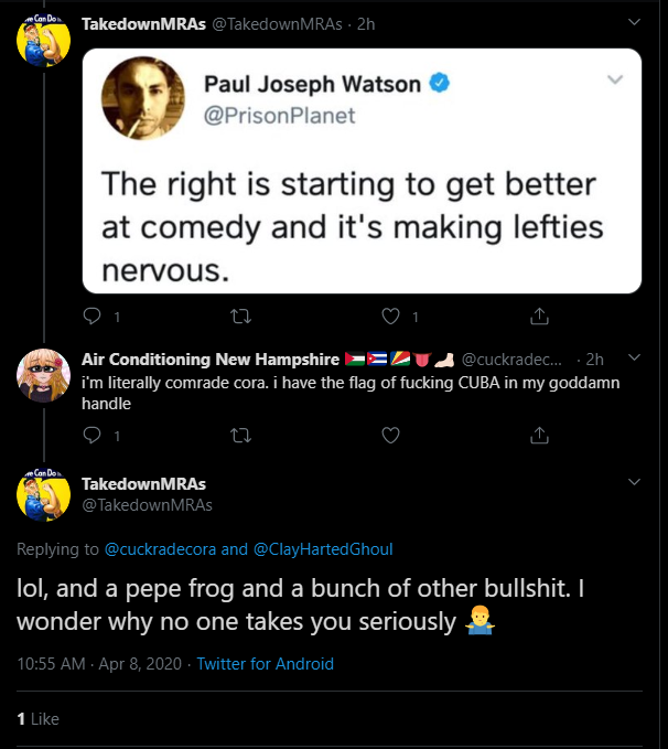 It's important for these people on the left to be "free of sin".Despite being a commie, despite having a flag of Cuba in her bio, Pepe the frog takes precedence, and ruins her position.This is the purity spiral in full effect.