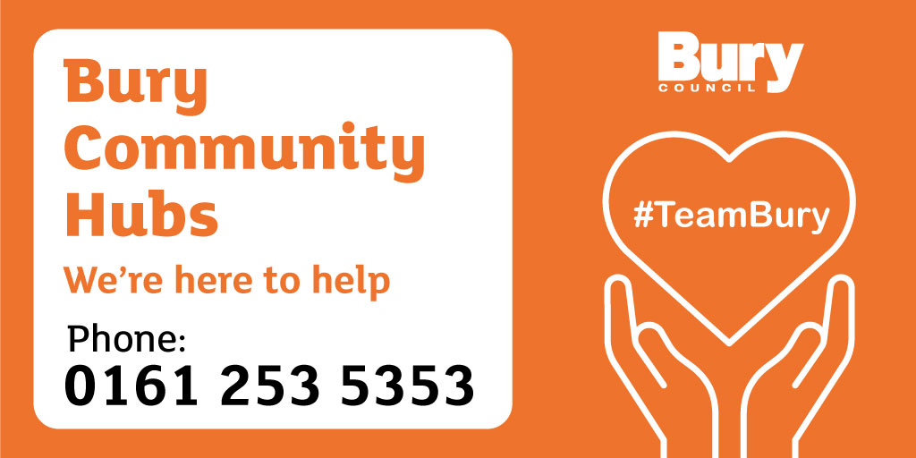 BuryCouncil's tweet image. Who can access support from community hubs in #Bury, #Radcliffe, #Whitefield + #Ramsbottom?

Anyone who is:

☑️70+
☑️Has a letter advising they shield themselves at home
☑️Otherwise socially or economically vulnerable

📞0161 253 5353 Mon-Fri, 9AM-5PM

#TeamBury